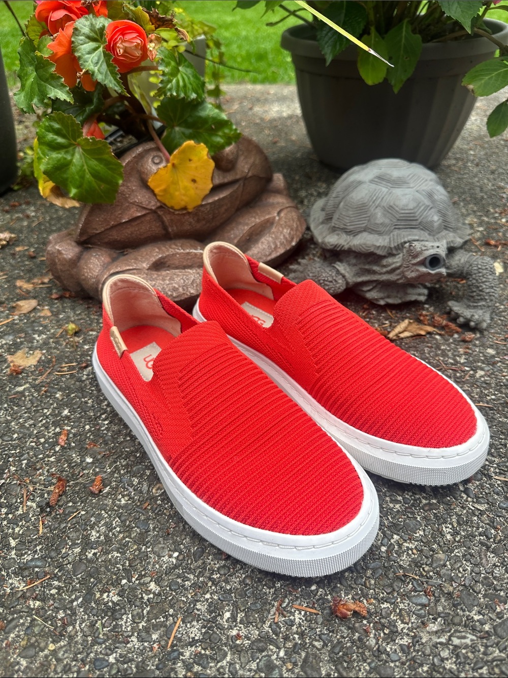 UGG Bright Red Slip-On Knit Sneakers with White Soles